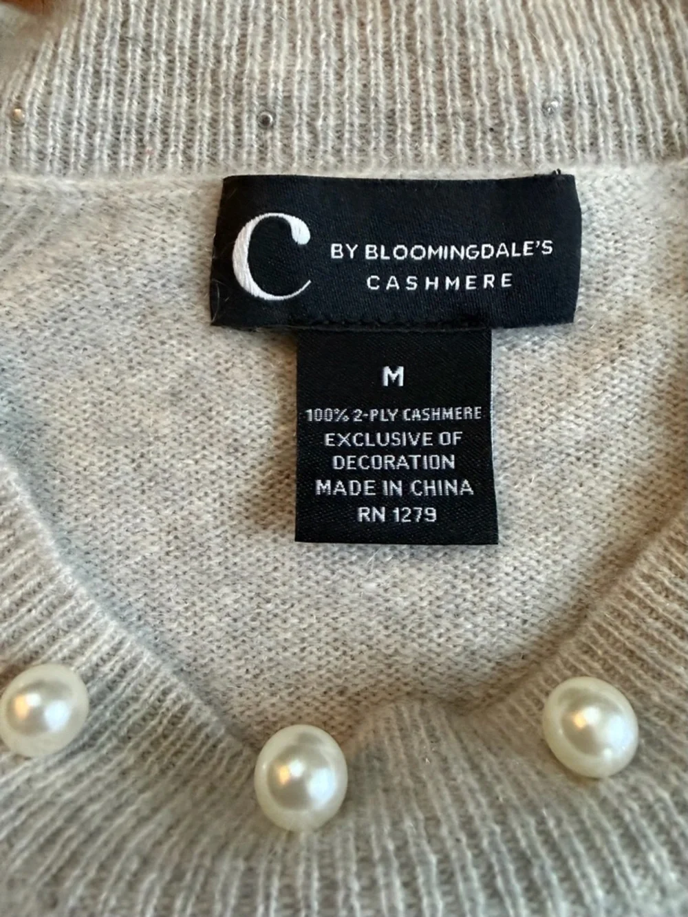 C by Bloomingdale’s 100% Cashmere Faux Pearl Sweater Gray Medium